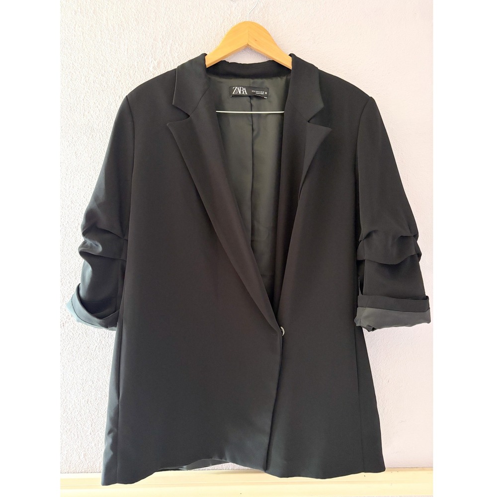 ZARA Womens XL Black Ruched Sleeve Blazer Jacket Dark Academia Office Wear Chic
